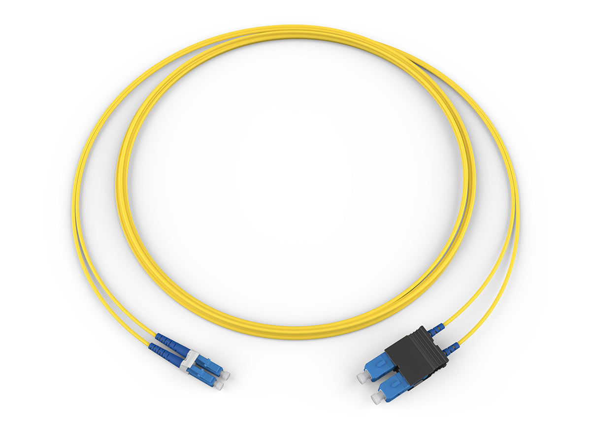Corning 047202R5820005M | Fiber Optic Jumper, 2 F, LC Duplex to SC Duplex, Zipcord Cable, Plenum, 2.0 mm legs  Standard LCUPC Duplex SM / Standard SCUPC Duplex SM, SMF, 2F, Zipcord Plenum, Standard Yellow Jacket 5 Meters