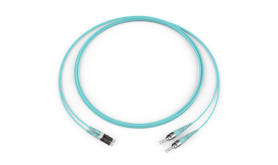 Corning 055002T5120009M | Standard LC Duplex MM / Standard ST MM, OM3 50um, 2F, Zipcord Riser, Standard Aqua Jacket 9 Meters