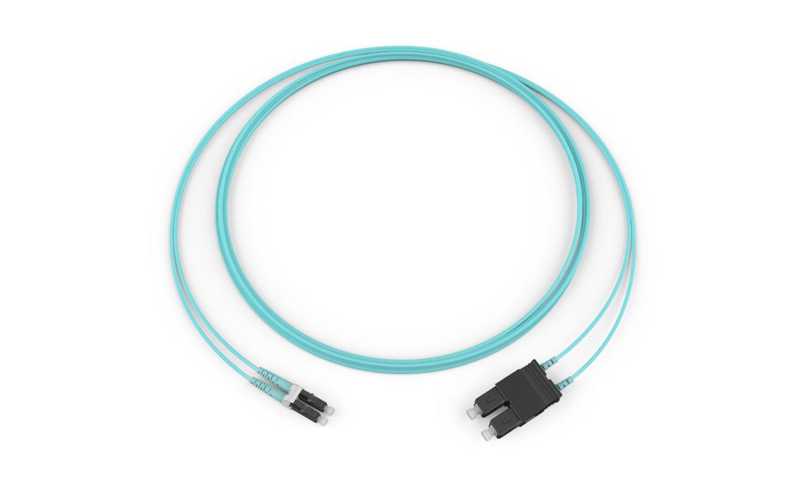 Corning 055702T5116001M | Standard LC Duplex MM / Standard SC Duplex MM, OM3 50um, 2F, Zipcord Riser, Standard Aqua Jacket 1 Meters