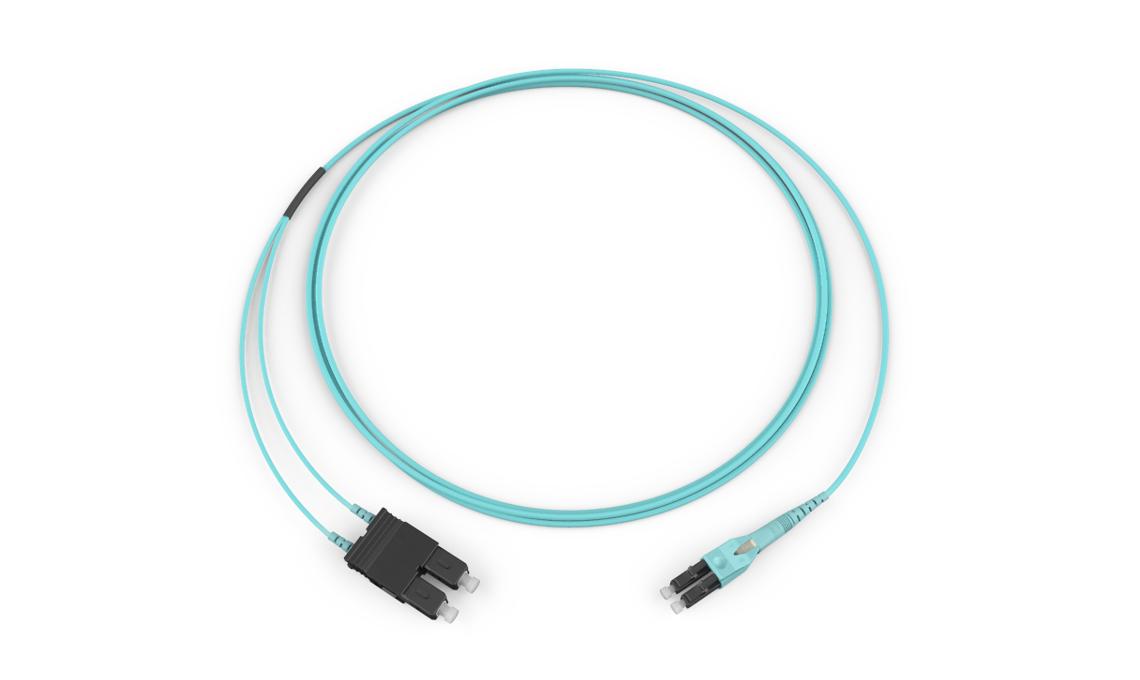 Corning 577902QD120004M | Standard SC Duplex MM / Standard LC Uniboot MM, OM4 50um, 2F, DFX 250 Riser, Standard Aqua Jacket 4 Meters