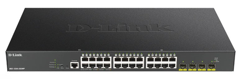 D-Link Systems Inc DGS-1250-28XMP-6KV | 28-Port Gigabit Smart Managed PoE+ Switch, 24 PoE+ Ports (370W)+ 4 10G SFP+ Ports