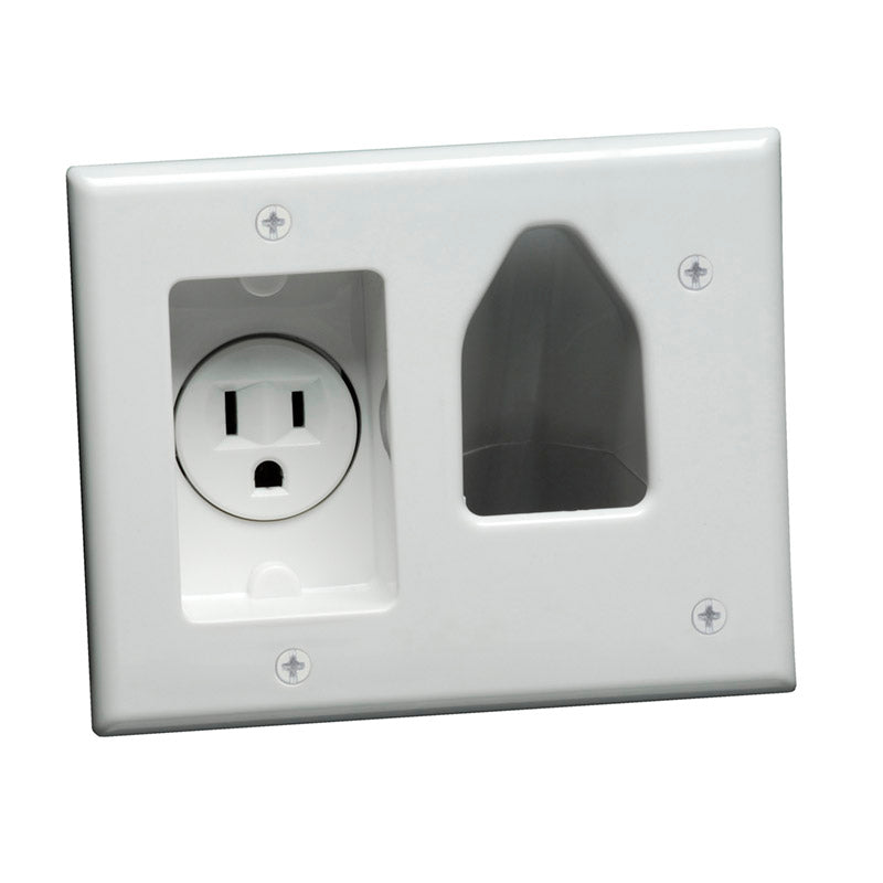 Datacomm Electronics 45-0021-WH | Recessed Low Voltage Cable Plate with Recessed Power, White