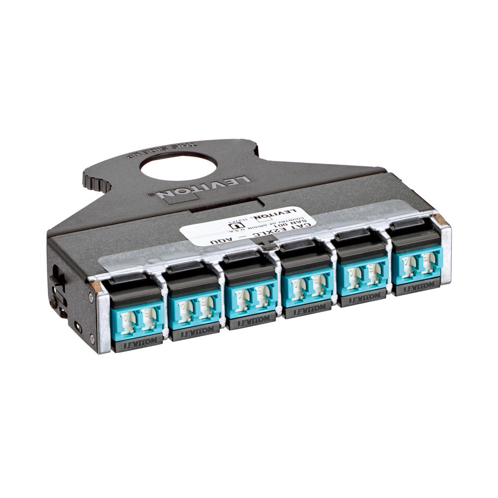 Leviton E2XLC-SAQ | e2XHD QuickPort Fiber Cassette, OM3/4, LC shuttered, 12 fibers, aqua