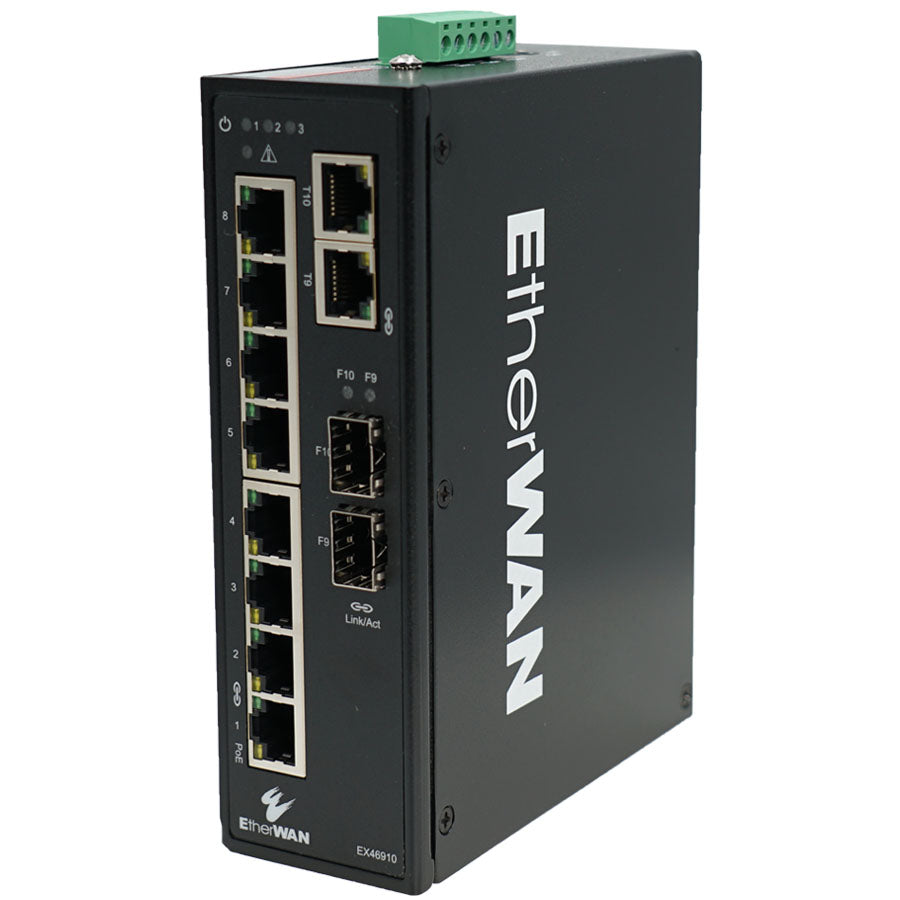Etherwan Systems EX46910 | Hardened Unmanaged 8-Port Gigabit PoE and 2-Port Gigabit RJ45/SFP Combo Ethernet Switch