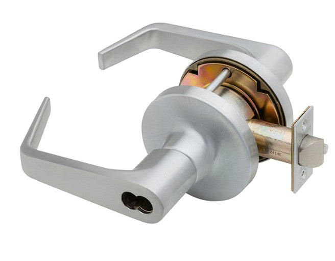 Falcon Lock T381BD D 626 | Door Cylinder Lock, Extra Heavy Duty, Dane Lever, Deadlatch, 2-3/4" Backset, Satin Chrome without SFIC Cylinder