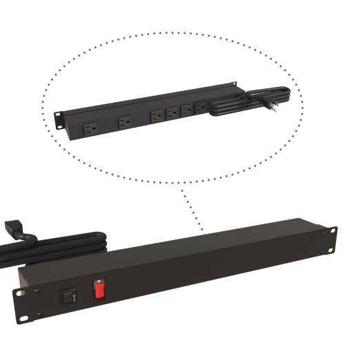 Hammond Manufacturing 1583H6B1BK | 19" Rack Mount Power Strip, 15A, 6 Outlets, 15 ft Cord, Black