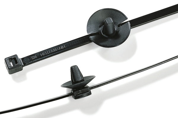 HellermannTyton 150-37791 | 2-Piece Cable Tie/Arrowhead Mount, 6.5mm hole dia., 0.6-8.25mm Panel Thickness, PA66HIRHS, Black, 500/bag