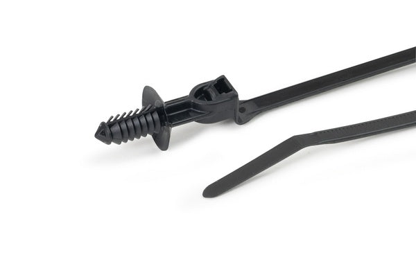 HellermannTyton 157-00216 | 1-Piece Cable Tie/Offset Fir Tree with Disc, 12.5 mm Offset, 9.2"L, .24-.27" Hole, 50lb, PA66HIRHS, Black,1000/pkg