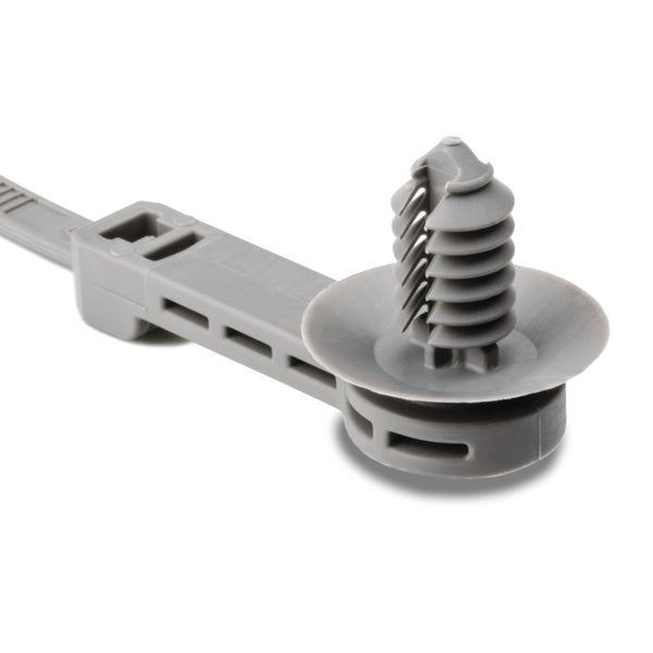 HellermannTyton 157-00368 | 1-Piece Cable Tie/Fir Tree Mount with Disc, 25mm Offset; 9.1"L, 6.1-7mm Hole, PA66HIRHS, Grey, 500/pkg