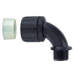HellermannTyton 166-90908 | HelaGuard Non-Metallic IP68 Fitting, 90-Elbow, M32 Thread, 1.00" Dia, PA66, Black, 10/pkg