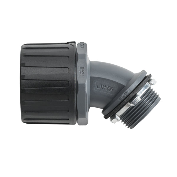 HellermannTyton 166-90866 | HelaGuard NM Ultra IP68 Fitting, 45-Degree Elbow, .75" NPT Thread, .75" Dia., PA66, Black, 50/Box