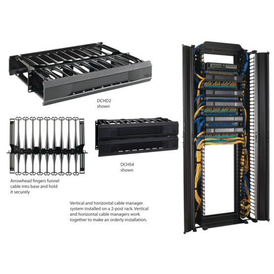 Hoffman DCHS1 | CableTek Horizontal Cable Manager, fits 19in, 1U, Black, Composite, Single Sided