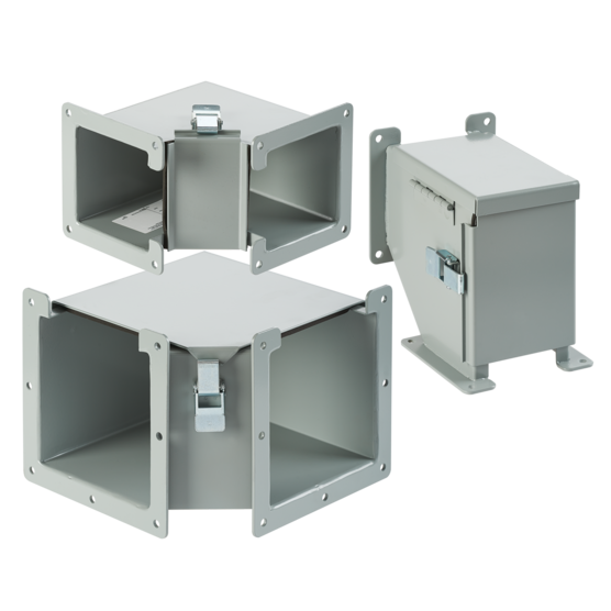 Hoffman F44LE9B | Lay-In Hinged-Cover 90-Degree Elbow, 4.00x4.00, Gray, Steel, Inside Opening