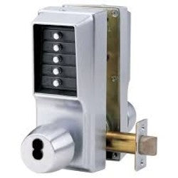Kaba EE1021S/EE1021S-26D-41 | Mechanical Pushbutton Lock, Heavy Duty, LFIC Schlage, 1/2" Cylindrical Throw Latch, Cylindrical Lock/Combination Entry/Key Override, Satin Chrome with Knob
