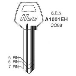 Kaba Ilco A1001EH NP A02 | Cylinder Lock Key Blank, 6-Pin, Brass, Nickel Plated, 2 Price Group, For Corbin/Russwin