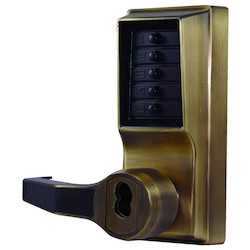 Kaba LL1021S-05-41 | Mechanical Pushbutton Lock, Heavy Duty, Left Hand, LFIC Schlage, 1/2" Cylindrical Throw Latch, Combination Entry/Key Override, Antique Brass with Lever