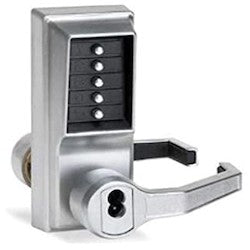 Kaba LR1021M-26D-41 | Mechanical Pushbutton Lock, Heavy Duty, Right Hand, LFIC Medeco 5 or 6-Pin, 1/2" Cylindrical Throw Latch, Combination Entry/Key Override, Satin Chrome with Lever