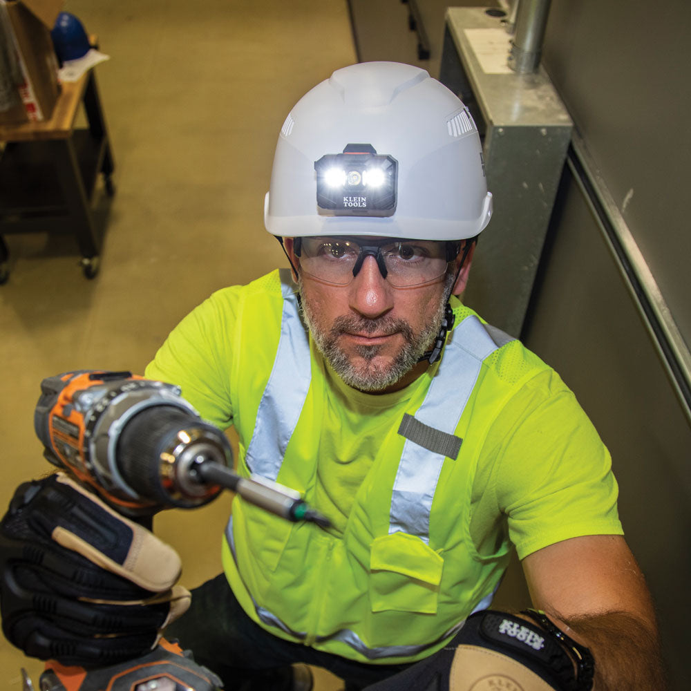 Klein Tools 60150 | Safety Helmet, Vented-Class C, with Rechargeable Headlamp, White
