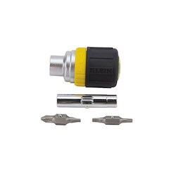 Klein Tools 32594 | Multi-Bit Ratcheting Screwdriver, 6-in-1, Stubby, Phillips, Slotted, Square, Nut Bits