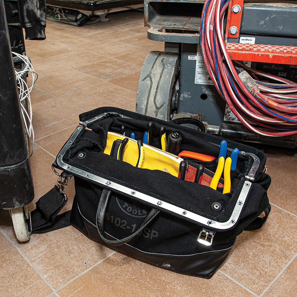 Klein Tools 510216SPBLK | Deluxe Tool Bag, Black Canvas, 13 Pockets, 16-Inch