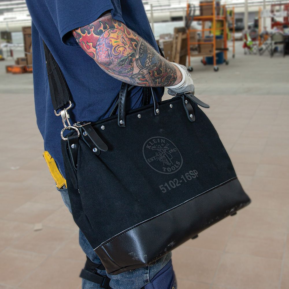 Klein Tools 510216SPBLK | Deluxe Tool Bag, Black Canvas, 13 Pockets, 16-Inch