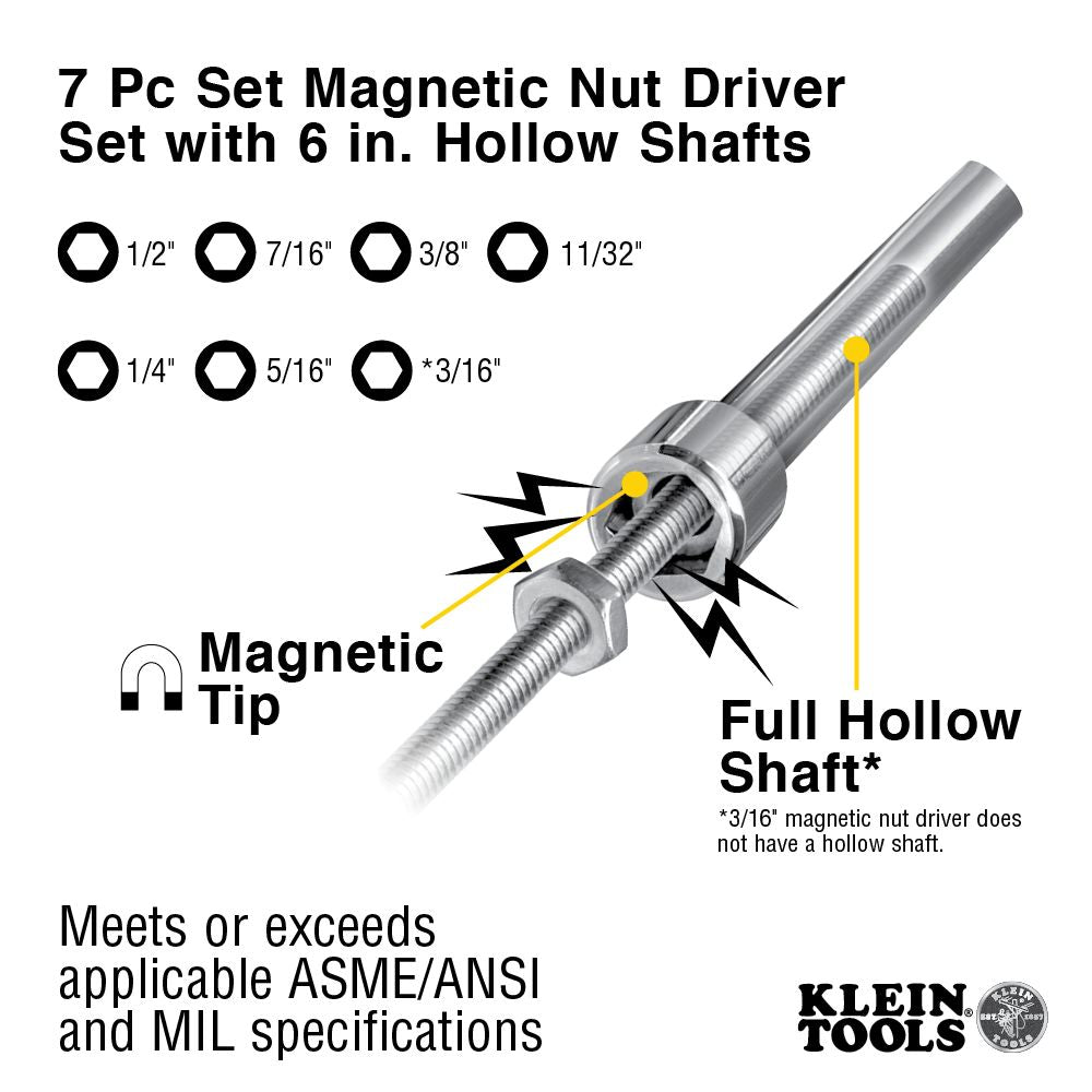 Klein Tools 647M | Nut Driver Set, Magnetic Nut Drivers, 6-Inch Shafts, 7-Piece