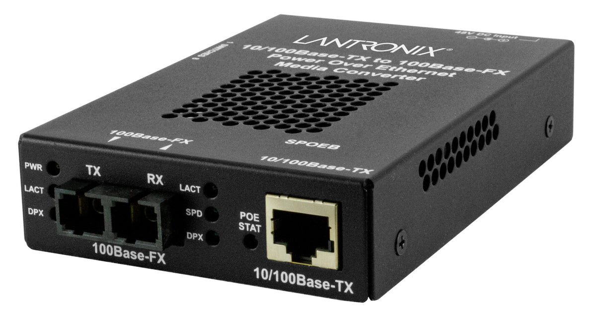 Lantronix SPOEB1013-105-N | Stand-alone Fast Ethernet PoE Media Converter10/100Base-TX PoE PSE to 100Base-FX