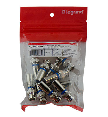 Legrand AC300310 | Plug, RG6U/Quad Shield BNC, 4" Width x 0.45" Depth x 7" Height, Nickel Plated Brass, For Cable, 10 per Pack