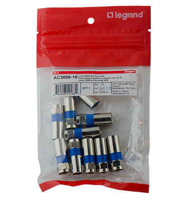 Legrand AC300810 | Plug, RG6U/Quad, 4" Width x 0.5" Depth x 7" Height, For Cable, 10 per Pack