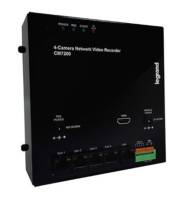 Legrand CM7120 | Network Video Recorder, 12 Volt AC, 30 Watt, 6" Width x 1.75" Depth x 6.5" Height, Metal/PCB, Black, For Camera