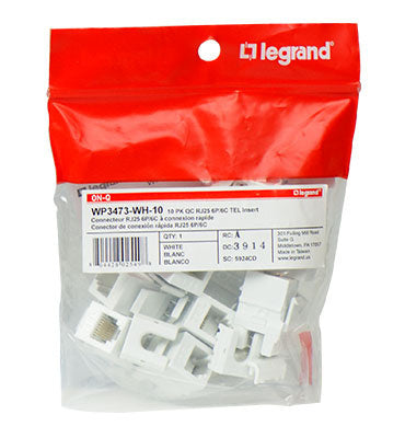 Legrand WP3473WH | Keystone Insert, Quick-Connect, Telephone, Cat 3, RJ25, 6P6C, 0.7" Length x 4" Width x 6" Height, ABS Plastic, White