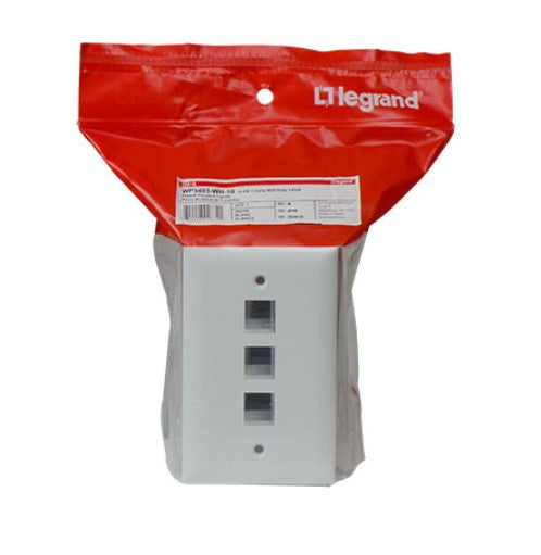 Legrand WP3403WH10 | Keystone Wallplate, 1-Gang, 3-Port, 2.94" Width x 0.44" Depth x 4.69" Height, ABS Plastic, White, 10 per Bulk Pack