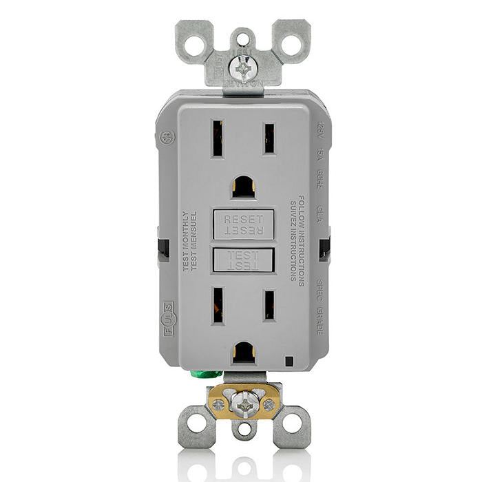 Leviton Manufacturing GFNT1-GY | 15 AMP, Self Test, Non Tamper-Resistant GFCI Outlet with LED Indicator Light