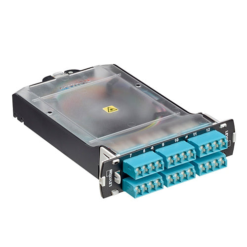 Leviton SPLCS-4AL | SDX Pigtail Fusion Splice Module Pre-Loaded With Quad Shuttered LC Adapters (Aqua) And 24-Fiber OM3 Lc/Pc Individual Pigtails