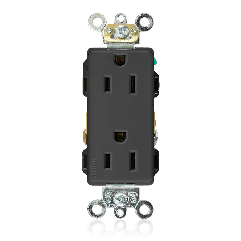 Leviton 16262-E | Decora Plus Duplex Receptacle Outlet, Heavy-Duty Industrial Specification Grade, Smooth Face, Self-Grounding - Black
