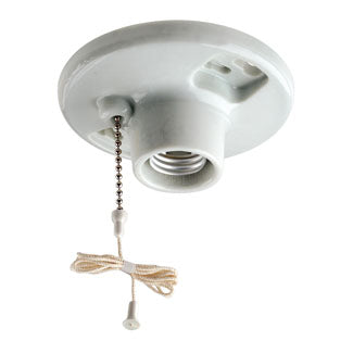 Leviton 29816-C | 660W/250V Medium Base One-Piece Glazed Porcelain Outlet Box Mount Incandescent Lampholder, Pull Chain, Single Circuit, Top Wired - White