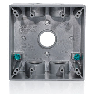 Leviton 2GM75-GY | Two Gang Die-Cast Weatherproof Box with Five 3/4" Diameter Outlets, Includes Mounting Hardware and Inserts to Cover Unused Openings - GRAY