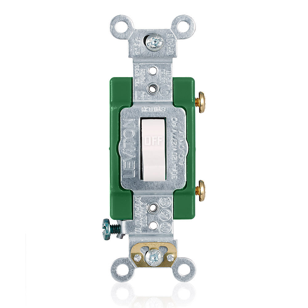 Leviton 3031-2W | 30 Amp, 120/277 Volt, Toggle Single-Pole AC Quiet Switch, Extra Heavy Duty Spec Grade, Self Grounding, Back & Side Wired - WHITE