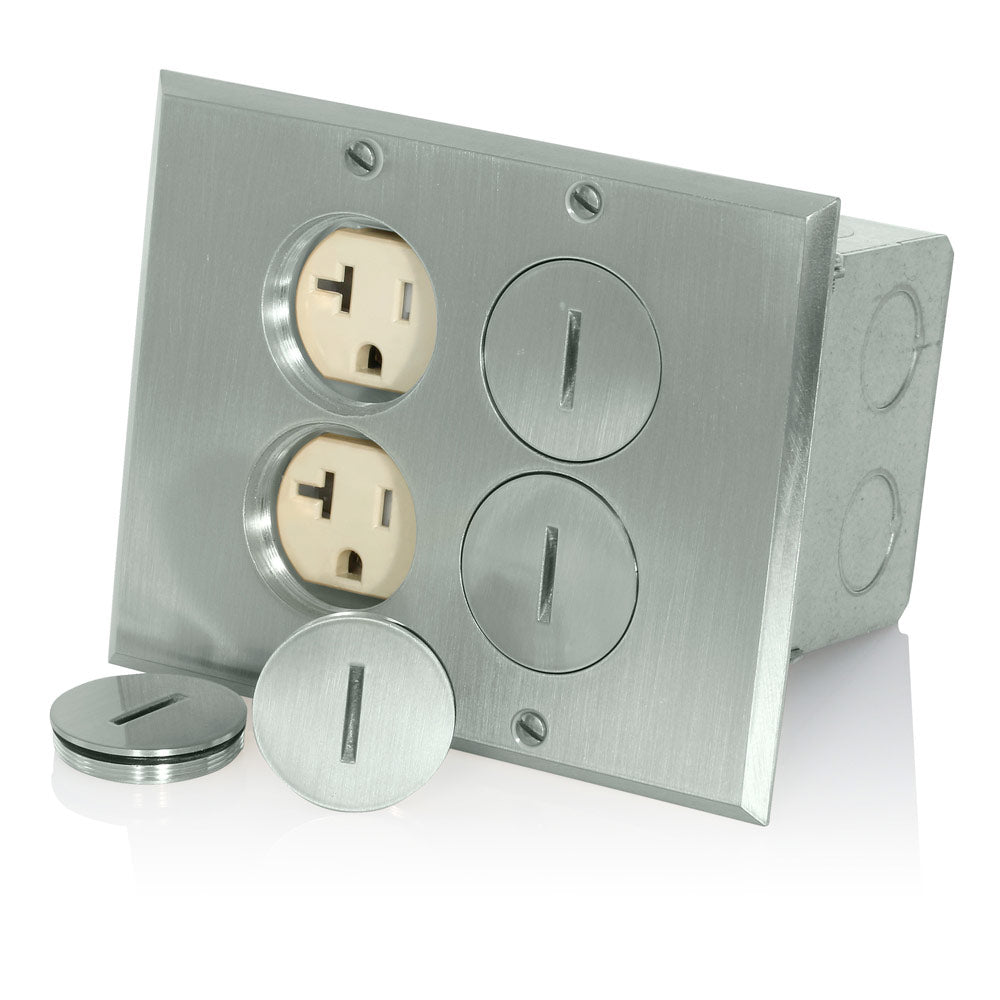 Leviton 35349-TFN | 2-Gang 20 Amp Duplex Tamper-Resistant Receptacle Floor Box Assembly, Nickel