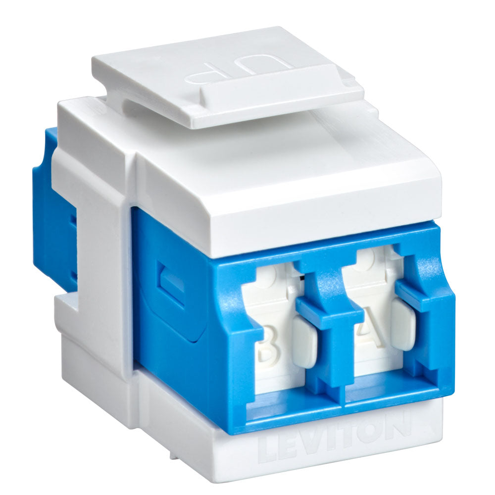 Leviton 41086-SLW | QuickPort Duplex LC Adapter, Shuttered, SM, Zirconia Ceramic Sleeve, Blue/White