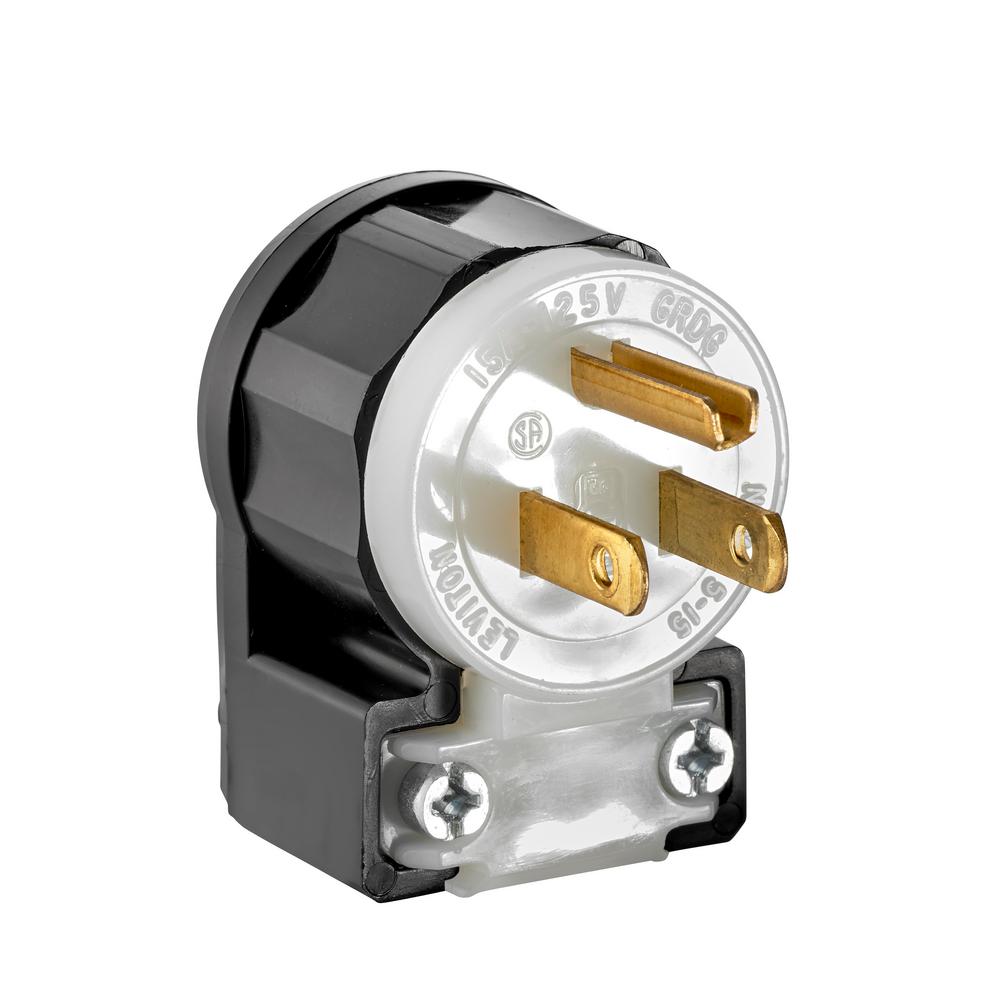 Leviton 5266-CA | Straight Blade Angle Plug, 15 Amp, 125 Volt, Industrial Grade - Black & White