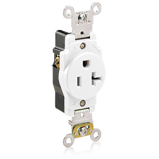 Leviton 5361-W | Single Receptacle Outlet, Heavy-Duty Industrial Specification Grade, Smooth Face, Self-Grounding - White
