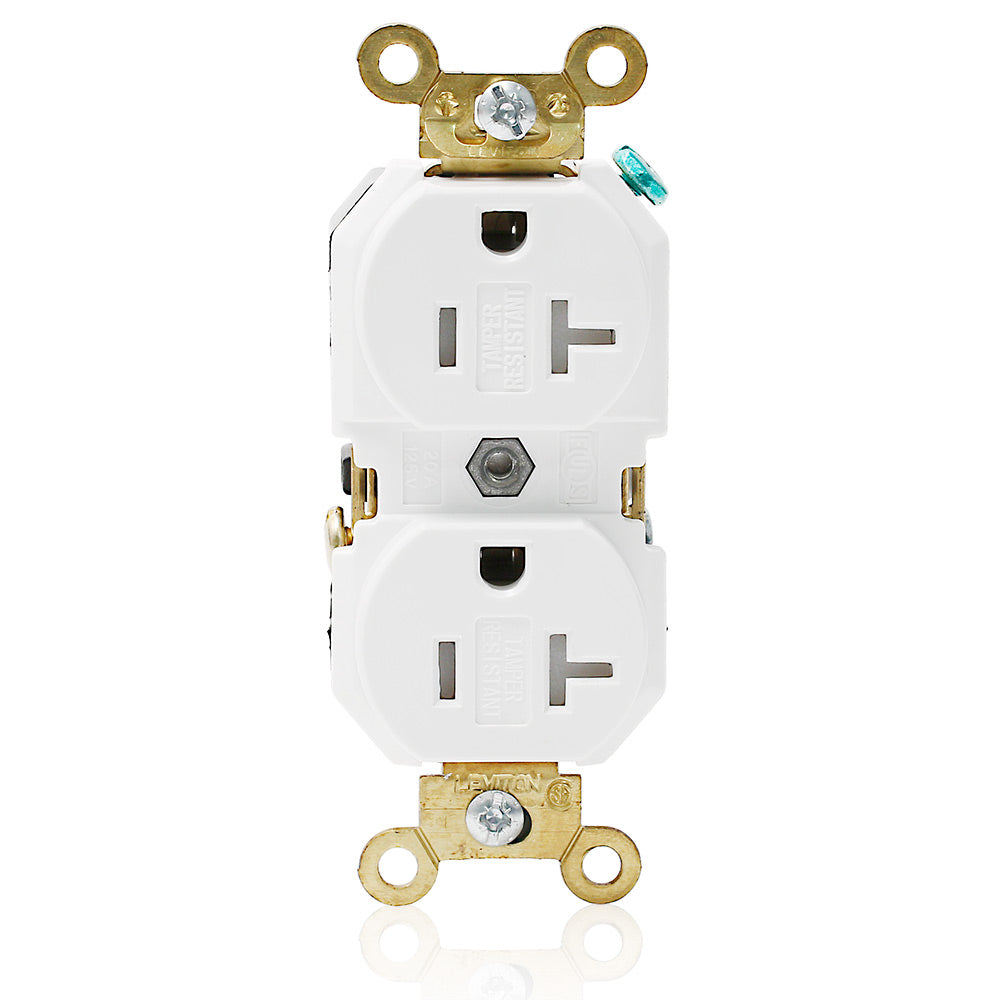 Leviton 5362-SGW | Duplex Receptacle Outlet, Extra Heavy-Duty Industrial Specification Grade, Tamper-Resistant, Smooth Face, Self-Grounding - White