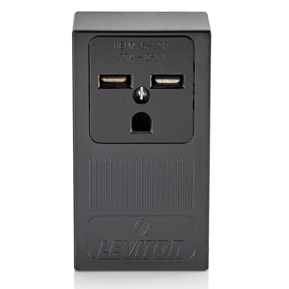 Leviton 5376 | 30 Amp, 250 Volt, NEMA 6-30R, 2P, 3W, Surface Mtg Receptacle, Straight Blade, Industrial Grade, Grounding, , Side Wired, Steel Strap, - Black