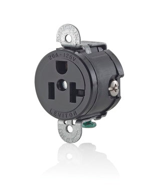 Leviton 5558-SS | Single Receptacle Outlet, Commercial Specification Grade, Short Strap, 20 Amp, 125 Volt, Side Wire, NEMA 5-20R, 2-Pole, 3-Wire - Black