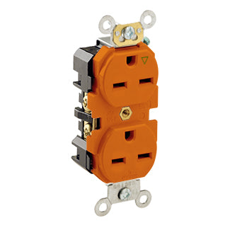 Leviton 5662-IG | Isolated Ground Duplex Receptacle Outlet, Heavy-Duty Industrial Specification Grade, Smooth Face, Self-Grounding - Orange