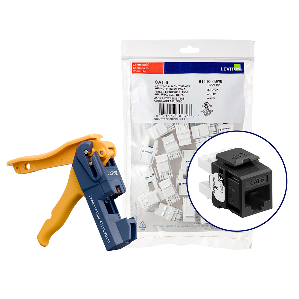 Leviton 61110-JE6 | 150 eXtreme Cat 6 QuickPort Jacks, Bulk QuickPack, Black, Kitted with JackRapid Tool