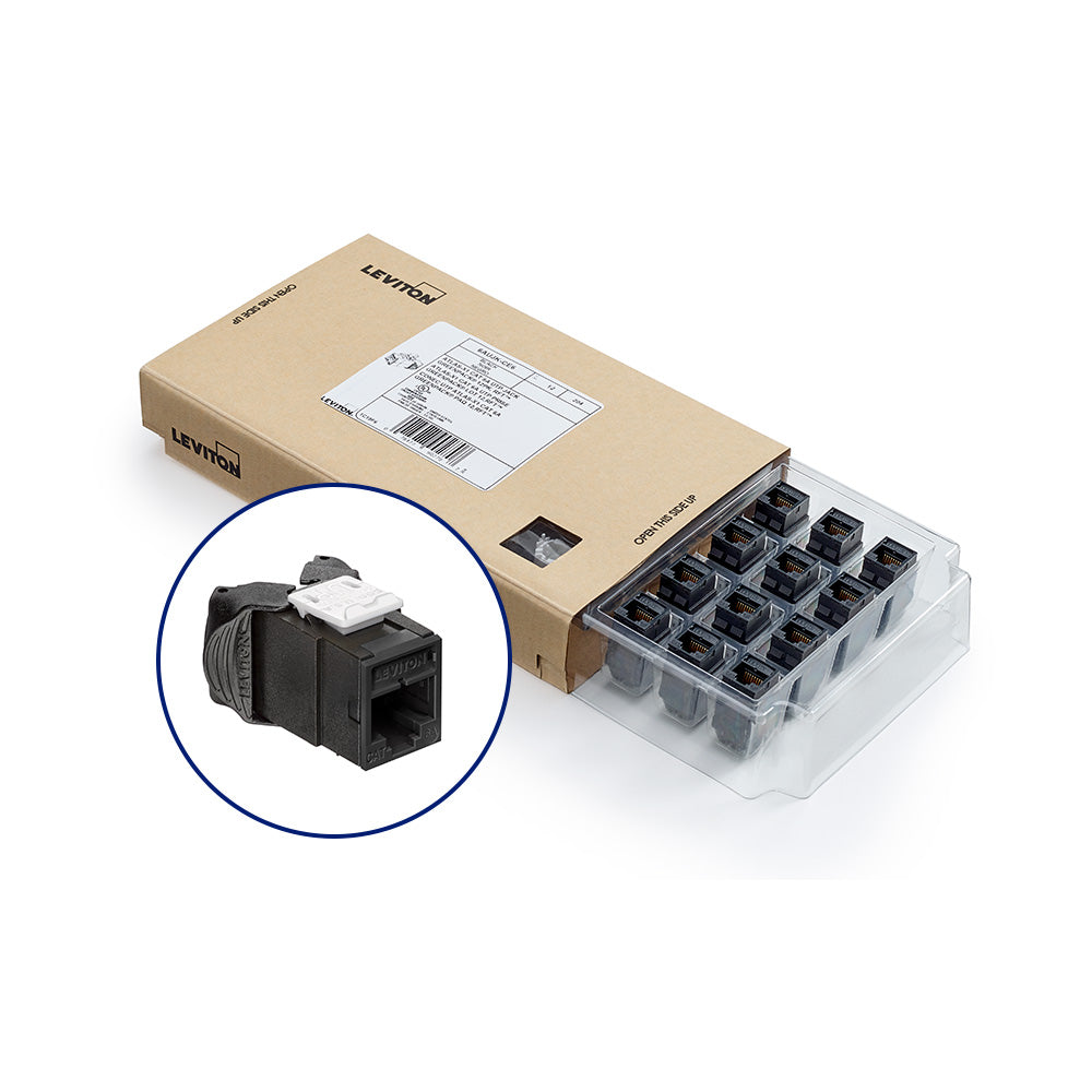 Leviton 6AUJK-CE6 | Atlas-X1 Cat 6A UTP QuickPort Jack, Black, GreenPack 12-Pack (includes 12 jacks and 12 wire managers)