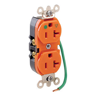 Leviton 8300-LIG | Isolated Ground Duplex Receptacle Outlet, Heavy-Duty Hospital Grade, Back or Side Wire; pre-wired ground lead, Self-Grounding - Orange