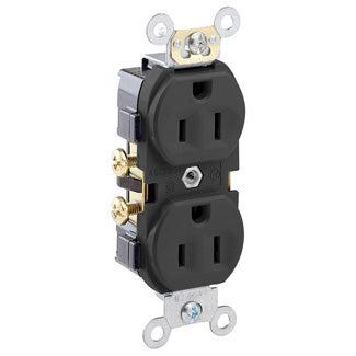 Leviton CR15-E | Duplex Receptacle Outlet, Commercial Specification Grade, Indented Face, 15 Amp, 125 Volt, NEMA 5-15R, 2-Pole, 3-Wire, Self-Grounding - Black